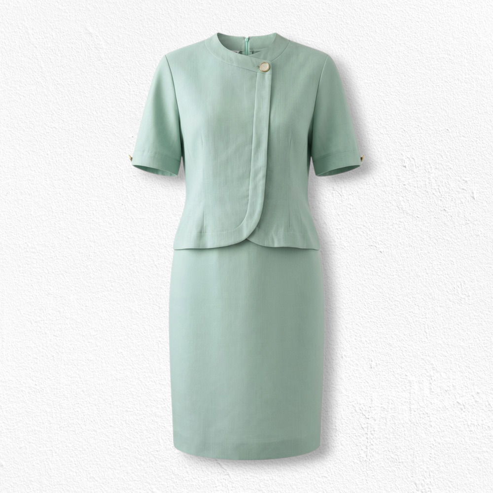 Vintage 80s Mint Green Faux Two Piece Peplum Made in USA Midi Dress Size 6